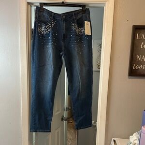 Reba Dark Blue Embellished Ankle Jeans